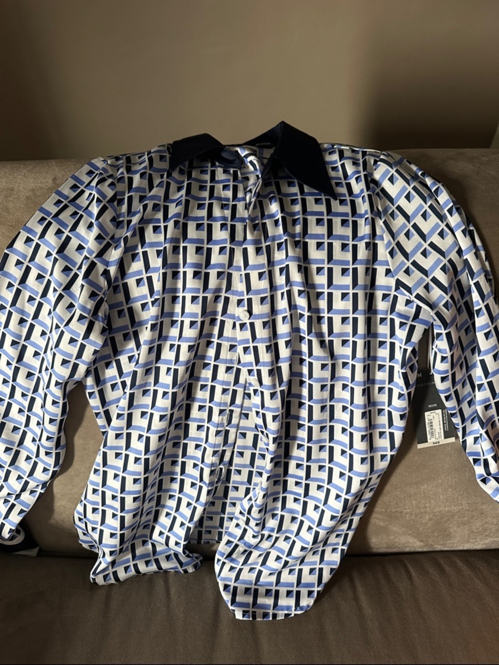 Worthington Women's Geometric Print Blouse in Blue and White with Black Collar